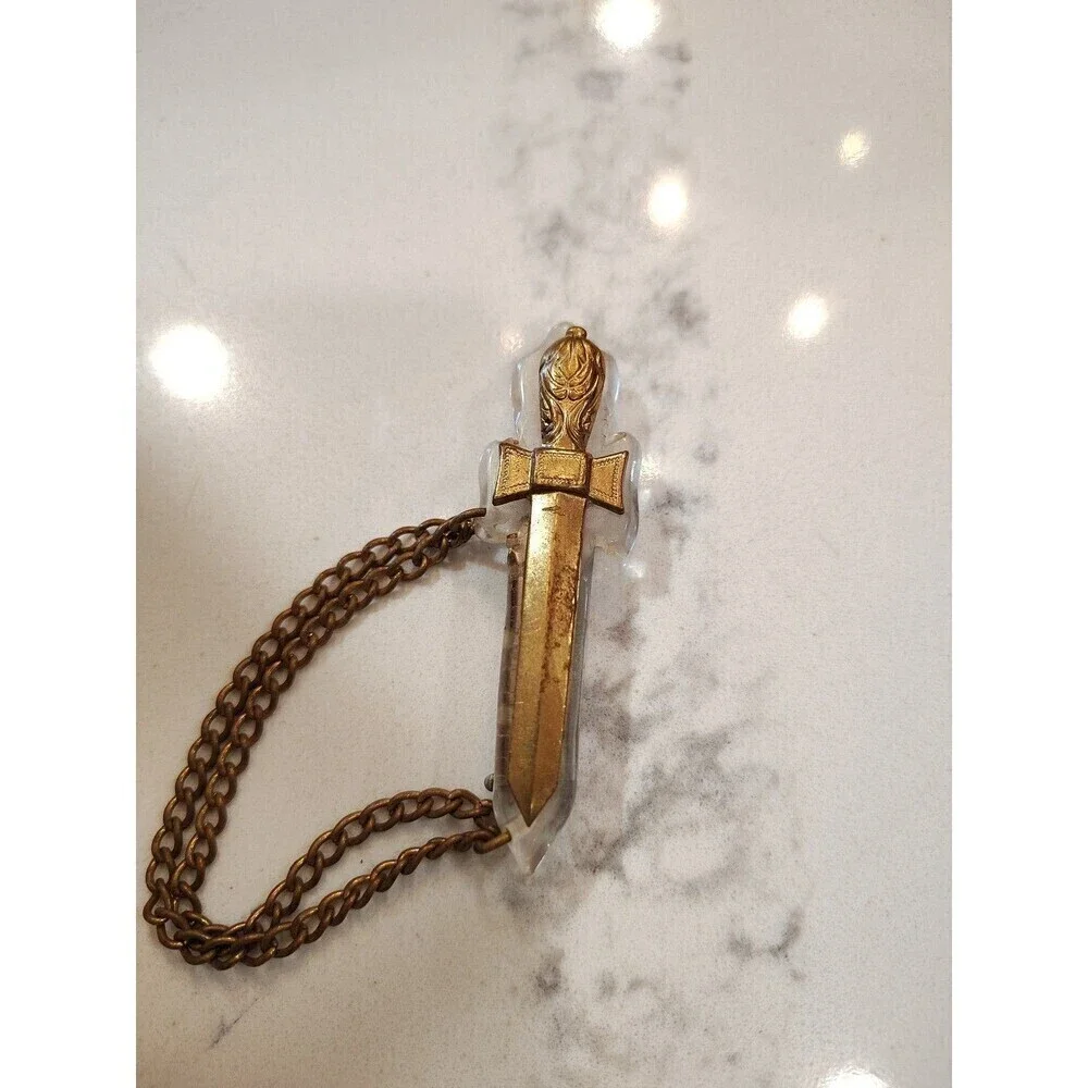 Vintage Intricate Bakelite Gold toned  Sword Pin Brooch with Dangle link chain
